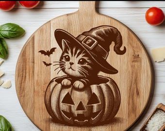 Halloween Cat in a Pumpkin SVG Laser File: Engraving Design for Cutting Board, Wood Decor