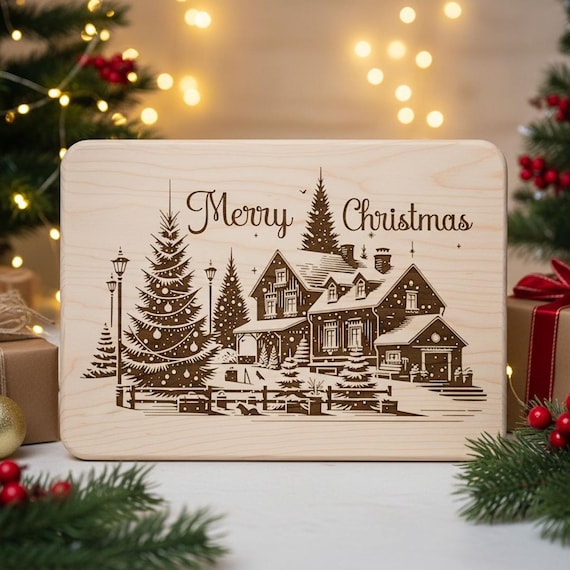 Christmas Village SVG Laser File, Merry Christmas SVG, Engraving Design for Cutting Board, Winter Christmas Scene, Kitchen Decor Gift