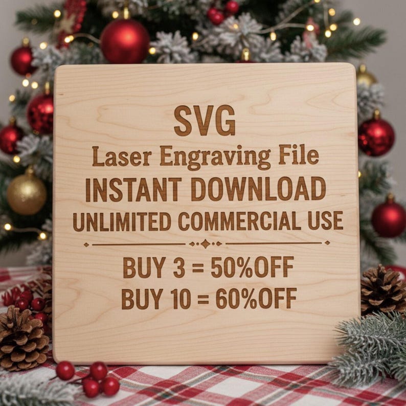 a wooden sign with text, surrounded by Christmas decorations and pine cones, indicating a promotional offer for a laser engraving service.