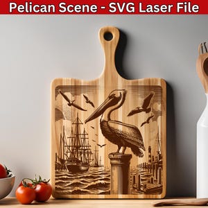 Pelikan SVG Wasservogel Laser-Datei, Ozean Szene SVG, Küsten Seevogel Lasergravur Datei, Nautik Gravur Vektor für Holz Schneidebrett svg