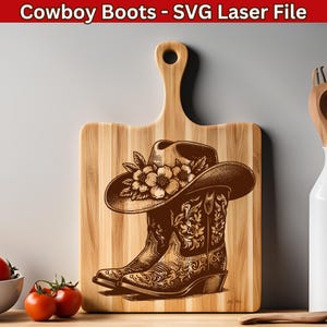 Fichier laser SVG de chapeau de cowboy, gravure de vecteur de bottes de cow-girl du Texas pour charcuterie et planche à découper Rodéo de conception florale de SVG