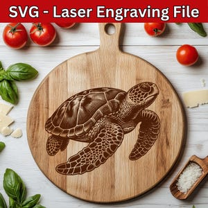 May include: A wooden cutting board with a laser engraved design of a sea turtle. The turtle is facing right and has a detailed shell and flippers.