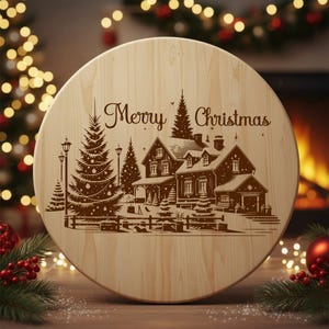 Christmas Village SVG Laser File, Merry Christmas SVG, Engraving Design for Cutting Board, Winter Christmas Scene, Kitchen Decor Gift