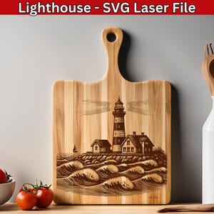 File di incisione laser SVG per faro, file laser SVG per onda oceanica, design nautico marittimo Glowforge Ready, vettore per tagliere in legno SVG