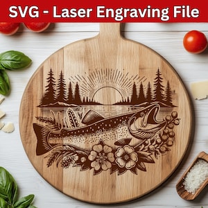 Salmon SVG File Laser Engraving, Trout Sunset Fishing Vector Design for Wood Cutting Board, Commercial License, Instant Download