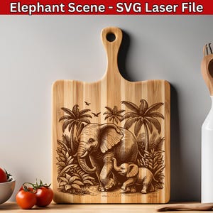 Olifant SVG-lasergravurebestand, olifant in het wild scène olifant laserbestand voor Glowforge, graveer vector voor houten snijplank SVG