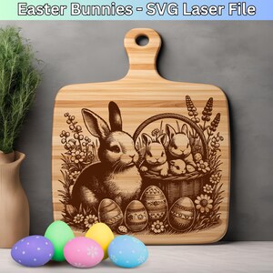 Osterhase SVG Laser-Dateien, Schneidebrett SVG-Design, Osterei Szene Lasergravur Datei SVG, Ostern niedlichen Kaninchen Familie Gravur-Datei