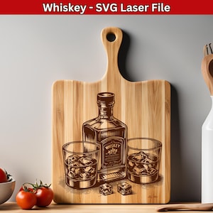 Whiskyfles en glas SVG-laserbestand whisky SVG voor snijplank gravure ontwerp, whiskyliefhebber graveer vector voor charcuteriebord