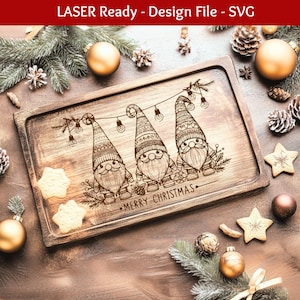 Tabla de charcutería SVG, gnomos navideños, archivo de grabado láser para proyectos de tableros de madera o letreros para puertas Feliz Navidad SVG