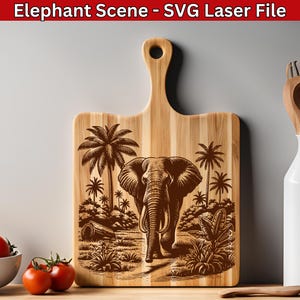 May include: Wooden chopping board with an engraved elephant scene. The board features a detailed illustration of an elephant walking towards the viewer, surrounded by palm trees and tropical foliage. The text "Elephant Scene - SVG Laser File" is at the top.