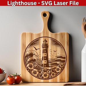 Vuurtoren SVG-lasergravure-bestand voor houtproject, oceaanscène SVG-golflaserbestand, nautische maritieme vector voor snijplank SVG