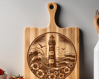 Lighthouse SVG Laser Engraving File for Wood Project, Ocean Scene SVG Wave Laser file, Nautical Maritime Vector for Cutting Board Svg