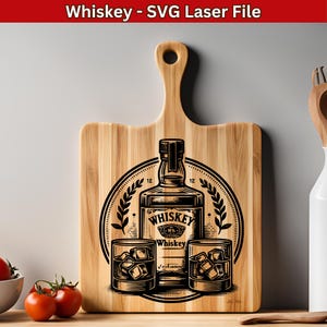 Whiskey Bottle & Glass SVG Laser File Whiskey SVG for Cutting board Engraving Design, Whiskey Lover Engrave Vector for Charcuterie Board