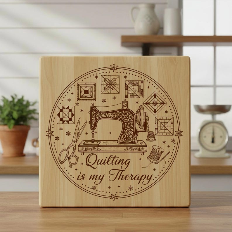 May include: A square wooden sign with a brown engraved design featuring a vintage sewing machine, scissors, and a spool of thread. The text "Quilting is my Therapy" is also engraved. The sign is light-coloured wood.