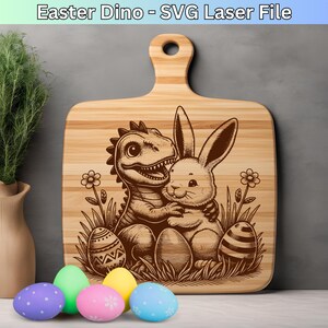 Dinosaure de Pâques SVG, fichier laser Dino, gravure laser pour planche à découper Design SVG, fichier de gravure Svg lapin mignon pour planche de charcuterie