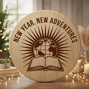 Könnte beinhalten: Runder Holzschild mit braunem Text "NEW YEAR, NEW ADVENTURES". Das Design zeigt einen Globus mit Sonnenstrahlen und ein offenes Buch. Das Schild ist aus hellem Holz gefertigt.
