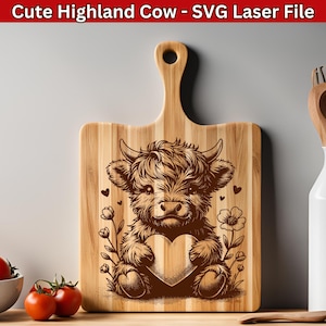 Highland Cow SVG laserbestand, schattige Baby Highlander Svg lasergravure bestand, Moederdag Svg Laser voor houten snijplank Svg Vector Design