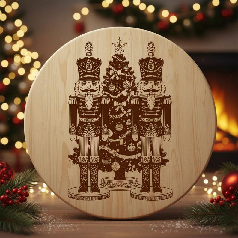 A wooden board with a circular design featuring two nutcracker men standing in front of a Christmas tree.