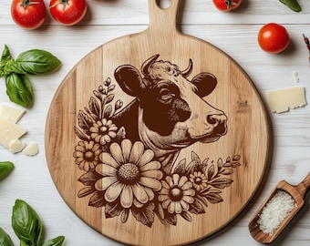 Dairy Cow Floral SVG Laser File, Engraving Design for Cutting Board (Instant Download)