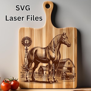 Horse on Farm SVG-laserbestand voor lasergravure op hout, rustiek vectorontwerp voor snijplanken, onderzetters - Koop 3 of meer en ontvang 50% KORTING