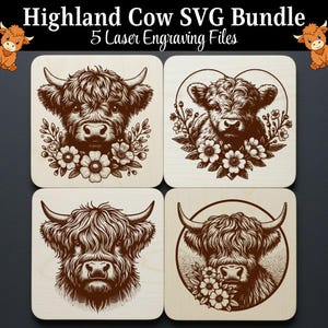 Highland Cow SVG Bundle Laser Files, Cutting Board SVG : 5 Engraving Designs