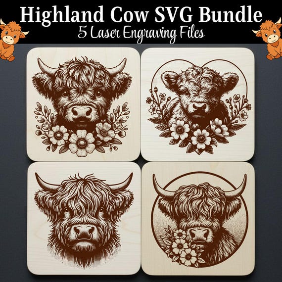 Highland Cow SVG Bundle Laser Files, Cutting Board SVG : 5 Engraving Designs