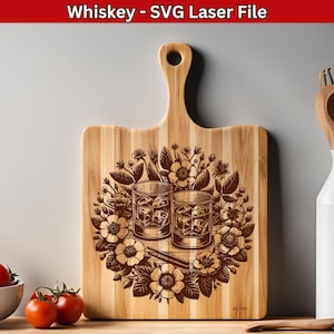 Whiskey Glass SVG Laser File Whiskey SVG for Cutting board Engraving Design, Floral Whiskey Lover Engrave file Vector for Charcuterie Board