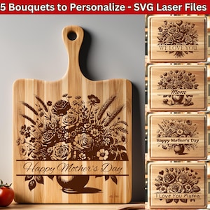 Bloemen boeketten SVG Moederdag laserbestanden voor snijplank SVG gravure bundel, monogram aangepast cadeau SVG, moeder ontwerp om te personaliseren