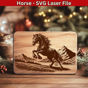 Horse SVG Laser File for Cutting board Engraving, Mountains Horse Scene Svg Design, Vector file for Charcuterie Board, Kitchen Decor