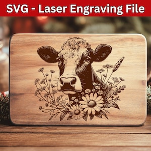 Archivo SVG láser de vaca lechera para grabado, diseño vectorial floral de animales de granja para tablas de cortar de madera, posavasos y decoración. Compre 3 o más y obtenga un 50% de descuento.