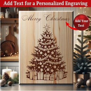 May include: Wooden Christmas sign with a detailed engraved Christmas tree design, ornaments, and gifts. The words "Merry Christmas" are elegantly scripted at the top. The sign is designed for personalized engraving.
