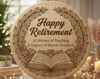 Op de afbeelding: Ronde houten plaquette met de woorden "Happy Retirement" in een decoratief lettertype. De plaquette heeft een bladeren- en rozenrand en de tekst "A Lifetime of Teaching, A Legacy of Hearts Touched". Een open boek is ook afgebeeld.