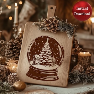 May include: Wooden cutting board with a handle, featuring a snow globe design with a Christmas tree and houses. The board is decorated with pine cones and greenery. A red circle with the words "Instant Download" is visible.
