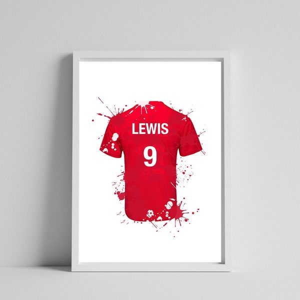 Personalised football shirt print - any name or number - bedroom prints - red football shirt