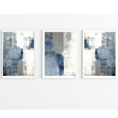 Blue and Silver Abstract Wall Art Print Set of 3 Navy Etsy