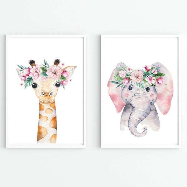 Watercolour jungle set of 2 prints - giraffe - elephant