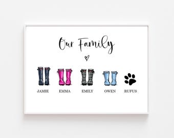 May include: A white framed print with the text "Our Family" and a heart symbol. Below the text are five pairs of wellies in different colours, labelled "Jamie", "Emma", "Emily", "Owen", and "Rufus".