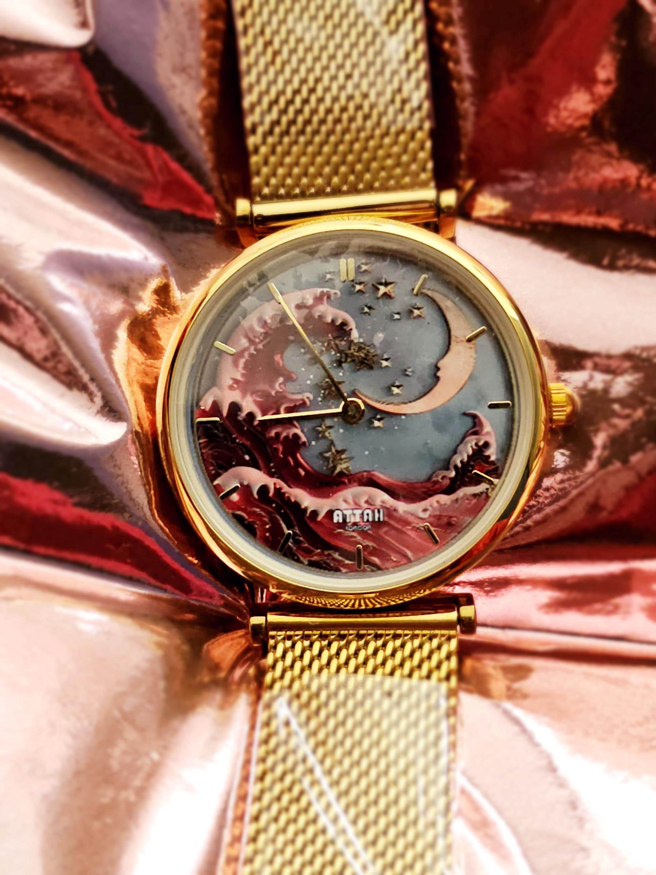 Moon and Waves | Gold Stainless Steel Women's Watch