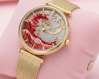 Moon and Waves | Gold Stainless Steel Women's Watch