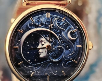Lunar Harmony: Gold Stainless Steel Moon & Night Women&#39;s Watch