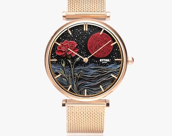 Womens Red Moon & Rose Quilling Watch – A Celestial Timepiece for Moon Lovers