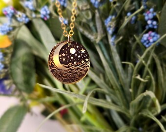 Mond und Sterne Halsketten - Edelstahl Gold Halskette - Namen Gravur Halskette - Kleiner Anhänger