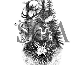 Womb Root - Print - Pagan Art, Druid Art, Nature Prints, Irish Wildlife, Wild Woman, Feminine Wall Art, Wolf, Deer, Owl, Hare