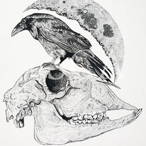 The Raven - Print - The Morrigan, Raven, Crow, Skull, Moon Art, Pagan Art, Occult, Gothic Home Decor, Halloween Decor, Witchy Art