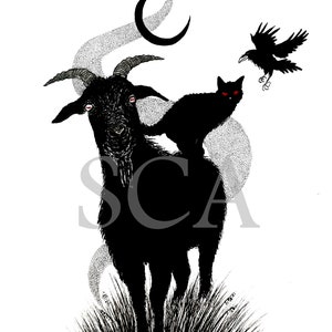 Trinity of Voids -Art Print- Black Phillip, Witchy Art, Pagan Art, Folk Horror, Gothic Home Decor, Halloween Decor, Satanic Goat, Crow, Cat