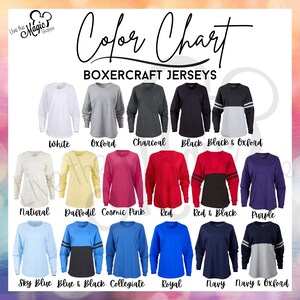 May include: Color chart showing different colors of long-sleeved Boxercraft jerseys. The colors include white, oxford, charcoal, black, black and oxford, natural, daffodil, cosmic pink, red, red and black, purple, sky blue, blue and black, collegiate, royal, navy, and navy and oxford.