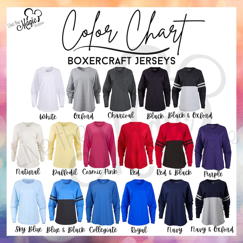 May include: Color chart showing different colors of long-sleeved Boxercraft jerseys. The colors include white, oxford, charcoal, black, black and oxford, natural, daffodil, cosmic pink, red, red and black, purple, sky blue, blue and black, collegiate, royal, navy, and navy and oxford.