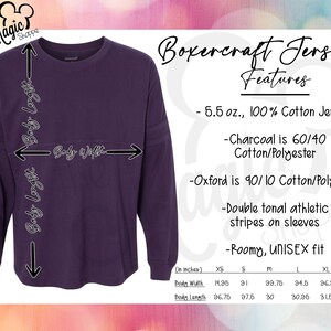 May include: A purple long-sleeved jersey with a relaxed fit. The jersey is made of 5.5 oz. 100% cotton jersey. The jersey is available in sizes XS to XXL. The size chart shows the body width and body length in inches.