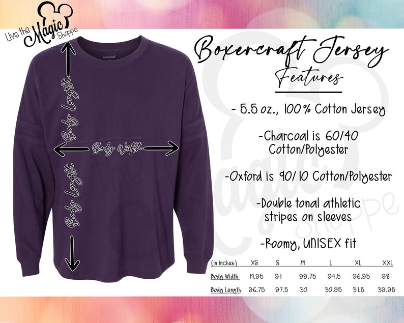 May include: A purple long-sleeved jersey with a relaxed fit. The jersey is made of 5.5 oz. 100% cotton jersey. The jersey is available in sizes XS to XXL. The size chart shows the body width and body length in inches.