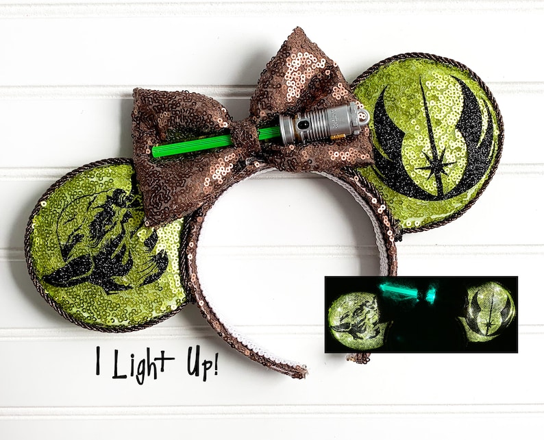 Light Up Star Wars Yoda Inspired Disney Mickey Minnie Mouse Ears for Star Wars Land Galaxy/'s Edge Ears